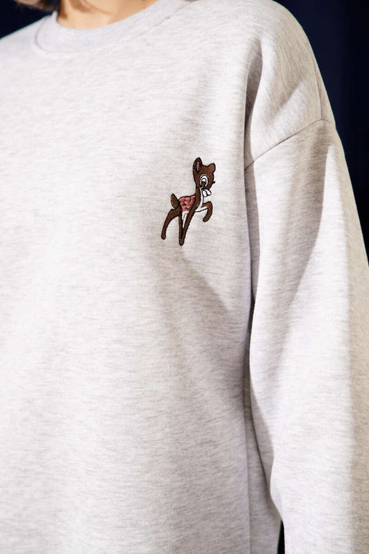 Deer Embroidered Sweatshirt Melange Grey