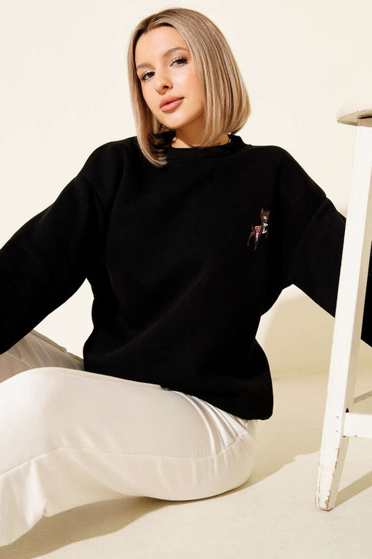 Deer Embroidered Sweatshirt Black