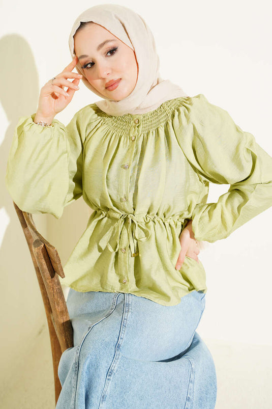 Blouse à col en V avec cordon à la taille, vert avocat