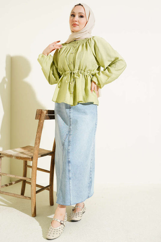 Gipe Collar Drawstring Waist Blouse in Pistachio Green