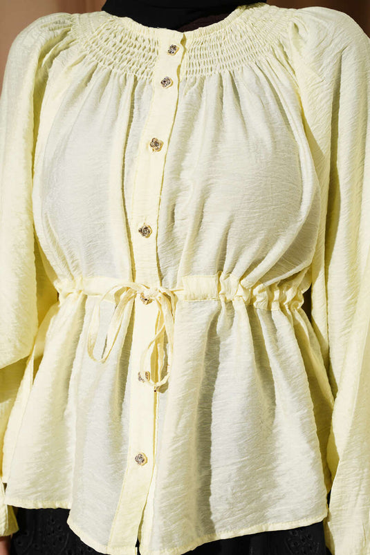 Drawstring Waist Blouse with Collar Yellow