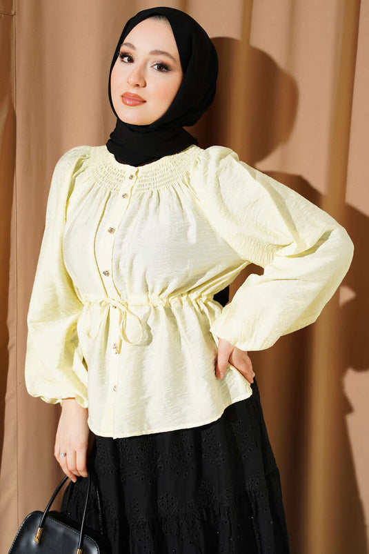 Drawstring Waist Blouse with Collar Yellow