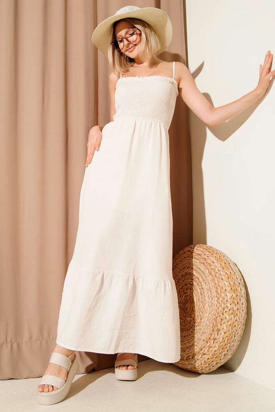 Gipeli İp Askılı Müslin Elbise Bej