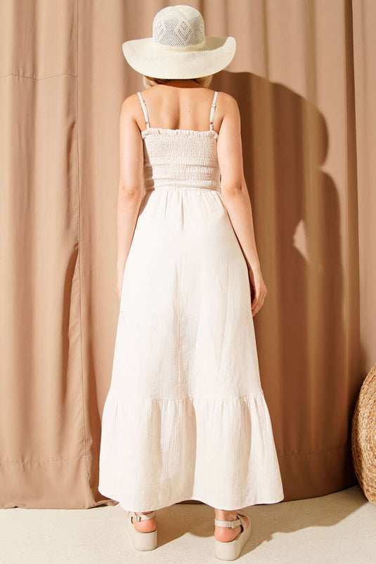 Gipeli İp Askılı Müslin Elbise Bej