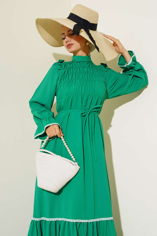 Gipeli İp Bağlamalı Elbise Yeşil