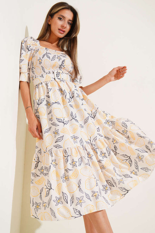 Gipeli Mini Midi Jurk met Bloemenprint en Riem, Beige Zwart