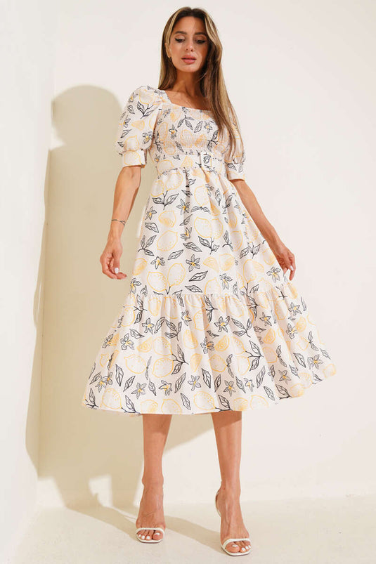 Robe mi-longue Gipeli à mini fleurs avec ceinture beige et noire