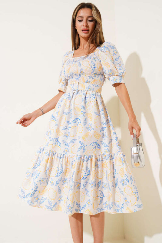 Gipeli Mini Midi Jurk met Bloemenprint en Riem, Geel Blauw