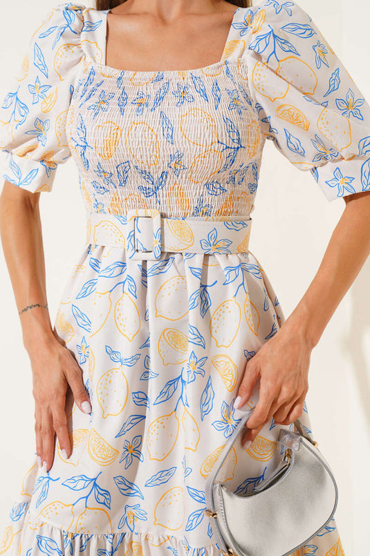 Gipeli Mini Midi Jurk met Bloemenprint en Riem, Geel Blauw