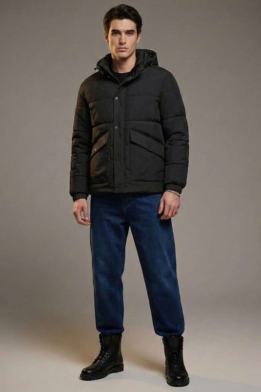 معطف رجالي مبطن بغطاء رأس قابل للإخفاء أسود