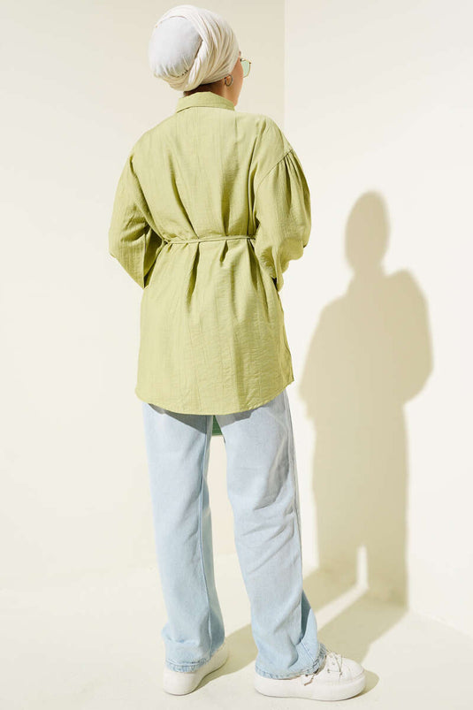 Gizli knoop ballonmouw blouse met koordceintuur in groen
