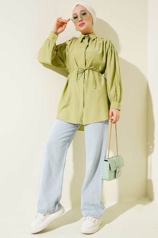 Gizli knoop ballonmouw blouse met koordceintuur in groen