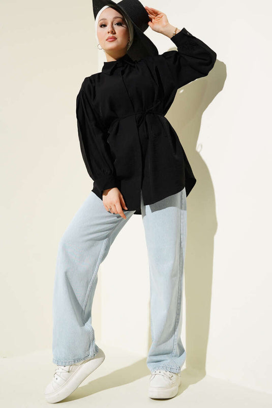 Hidden Button Balloon Sleeve Rope Belted Shirt Black