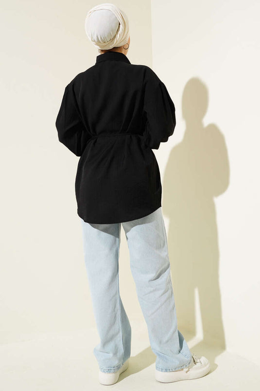 Hidden Button Balloon Sleeve Rope Belted Shirt Black