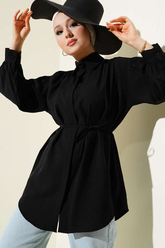 Hidden Button Balloon Sleeve Rope Belted Shirt Black