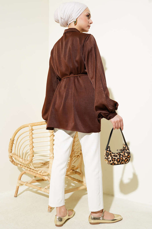 Gizli knoop ballonmouw satijnen blouse koffie