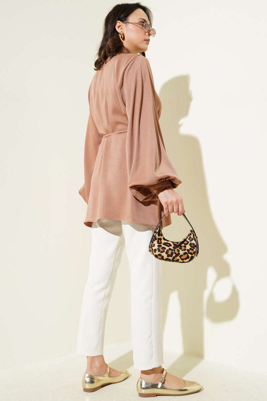 Gizli knoop ballonmouw satijnen blouse latte