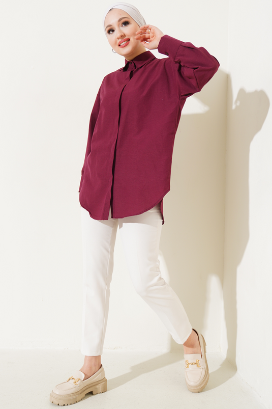 Gizli Düğmeli Basic Gömlek Bordo