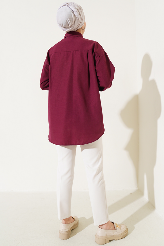 Gizli Düğmeli Basic Gömlek Bordo