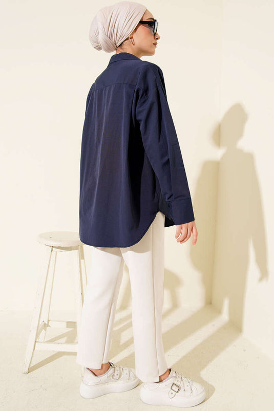 Gizli Düğmeli Basic Gömlek Lacivert