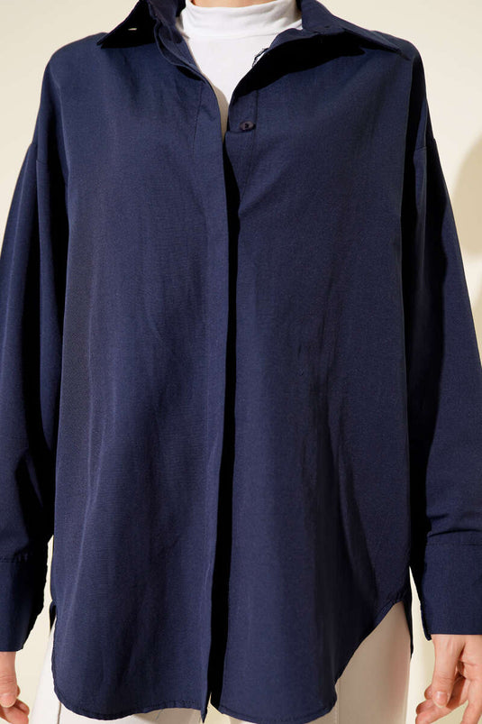 Gizli Düğmeli Basic Gömlek Lacivert
