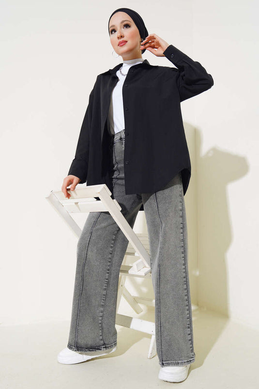 Hidden Button Basic Shirt Black