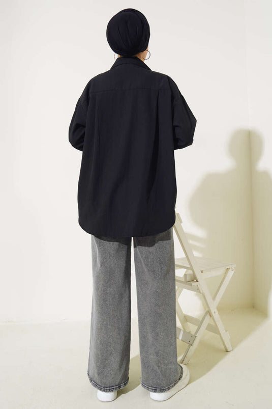 Hidden Button Basic Shirt Black