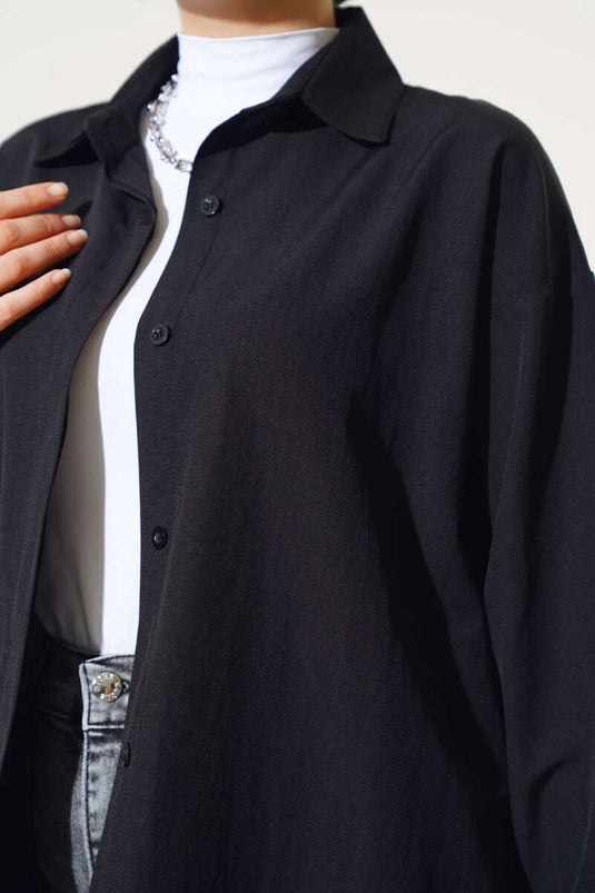 Hidden Button Basic Shirt Black