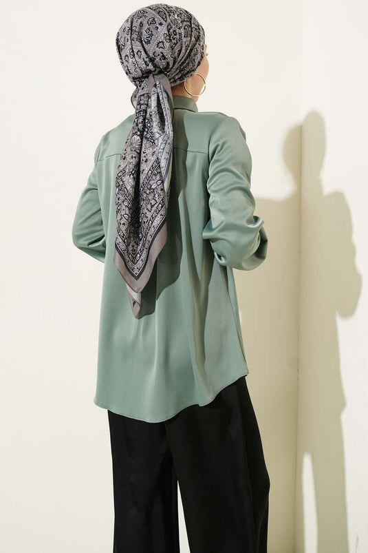 Hidden Button Basic Satin Shirt in Pistachio Green