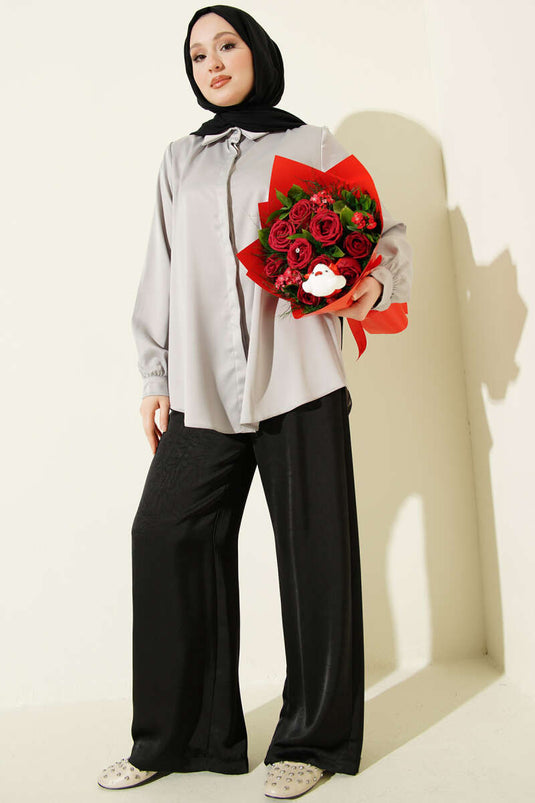 Gizli Düğmeli Basic Saten Gömlek Gri