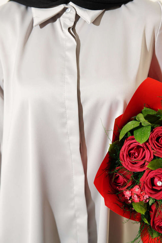 Gizli Düğmeli Basic Saten Gömlek Gri