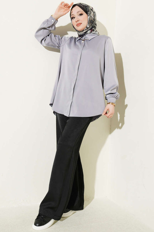 Hidden Button Basic Satin Shirt Slate Gray