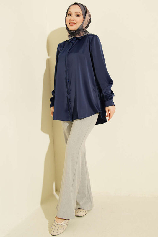Hidden Button Basic Satin Shirt Navy Blue