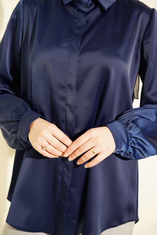 Hidden Button Basic Satin Shirt Navy Blue