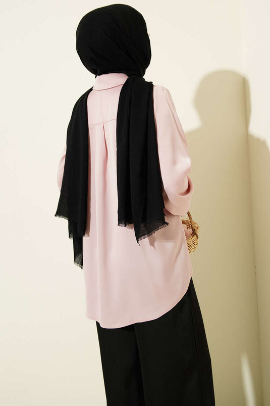 Hidden Button Basic Satin Shirt Powder Pink
