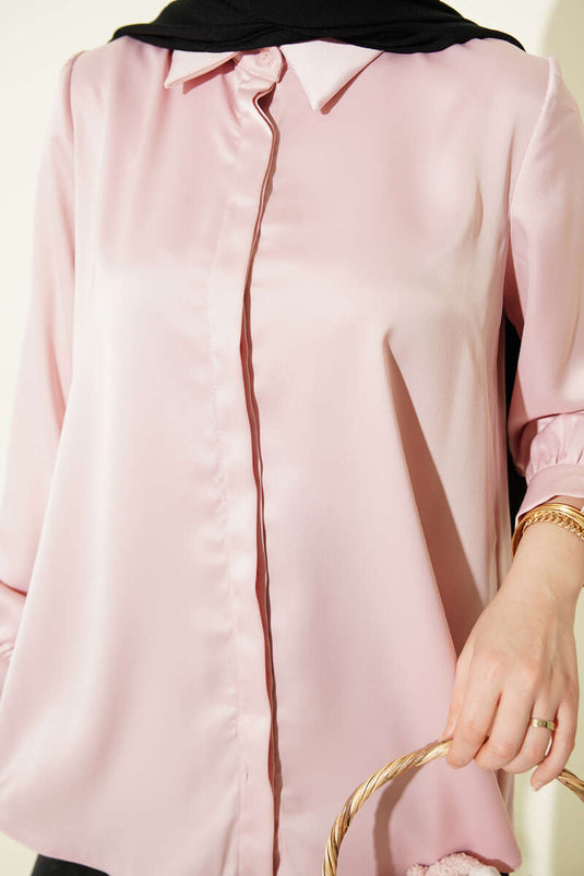 Hidden Button Basic Satin Shirt Powder Pink