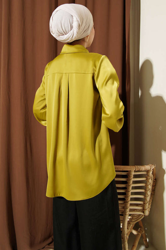 Gizli Düğmeli Basic Satinbluse Ölgrün