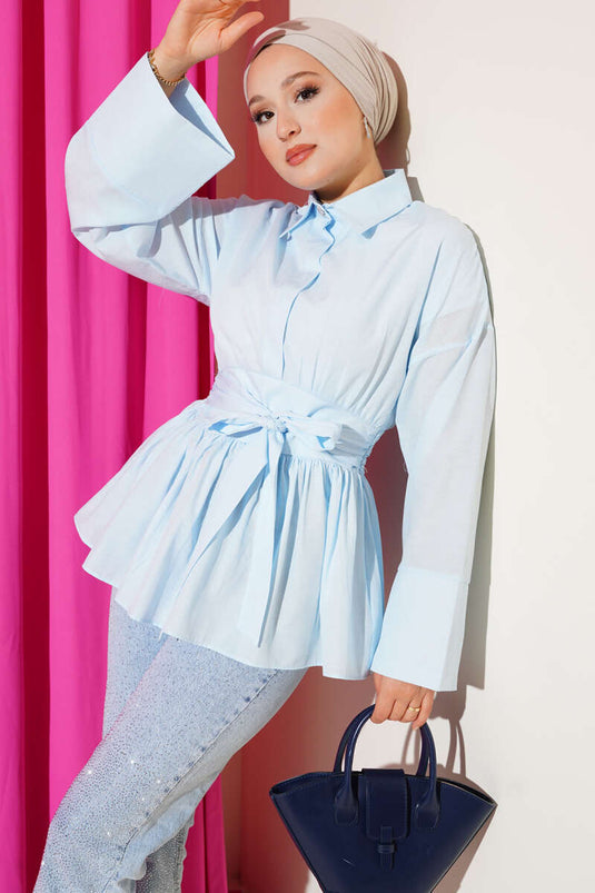 Hidden Button Waist Belted Shirt Baby Blue