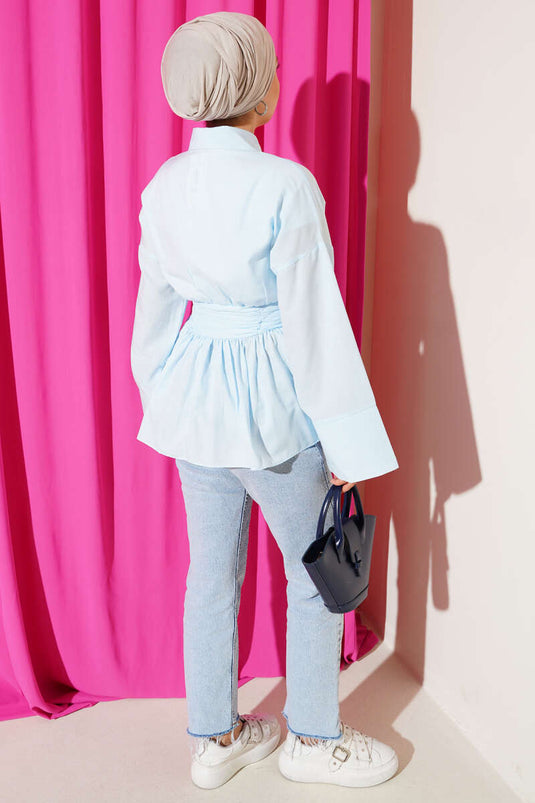 Hidden Button Waist Belted Shirt Baby Blue