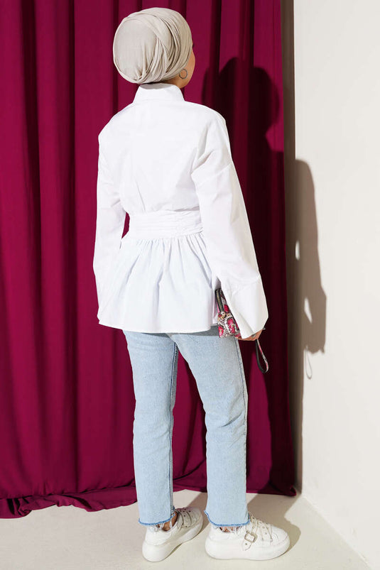 Gizli Düğmeli Bel Kuşaklı Gömlek Beyaz