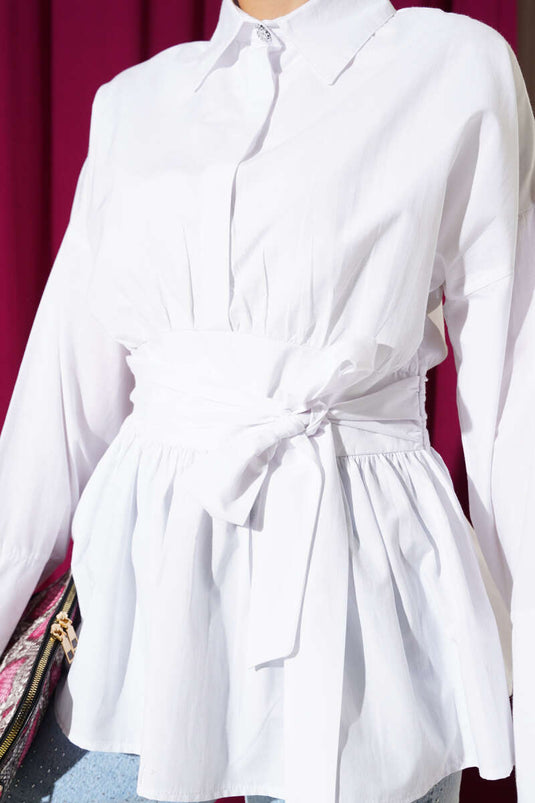 Hidden Button Waist Belted Shirt White