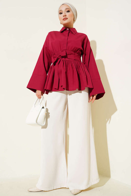 Gizli Düğmeli Bel Kuşaklı Gömlek Bordo