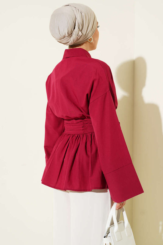 Gizli Düğmeli Bel Kuşaklı Gömlek Bordo