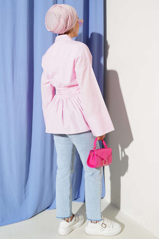 Hidden Button Waist Belted Shirt Pink