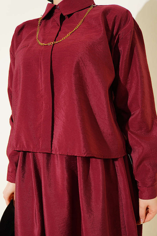 Two-Piece Set with Hidden Button Blouse and Skirt, Burgundy