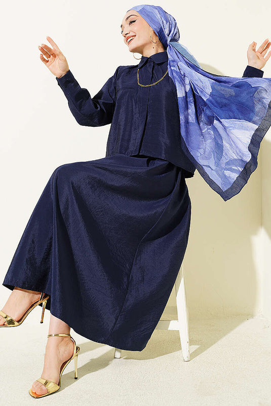 Navy Blue Two-Piece Set with Hidden Button Blouse and Skirt