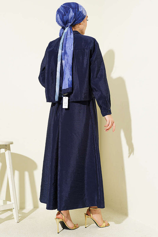 Navy Blue Two-Piece Set with Hidden Button Blouse and Skirt