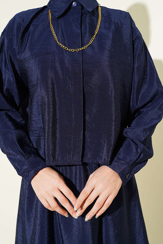 Navy Blue Two-Piece Set with Hidden Button Blouse and Skirt