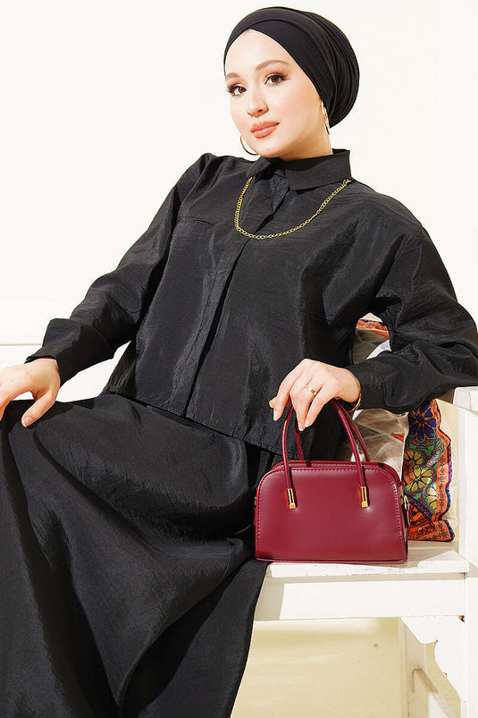 Ensemble deux pièces jupe et blouse à boutons cachés noir