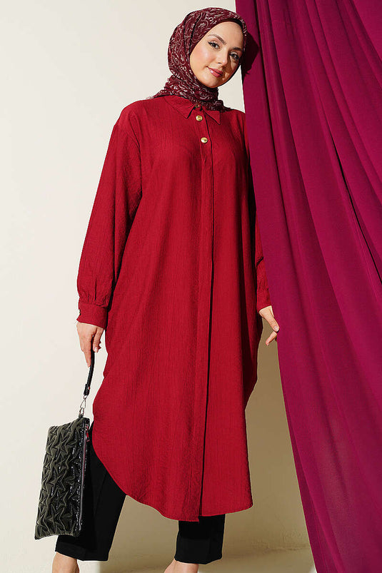 Chemise longue bordeaux avec poches et boutons cachés